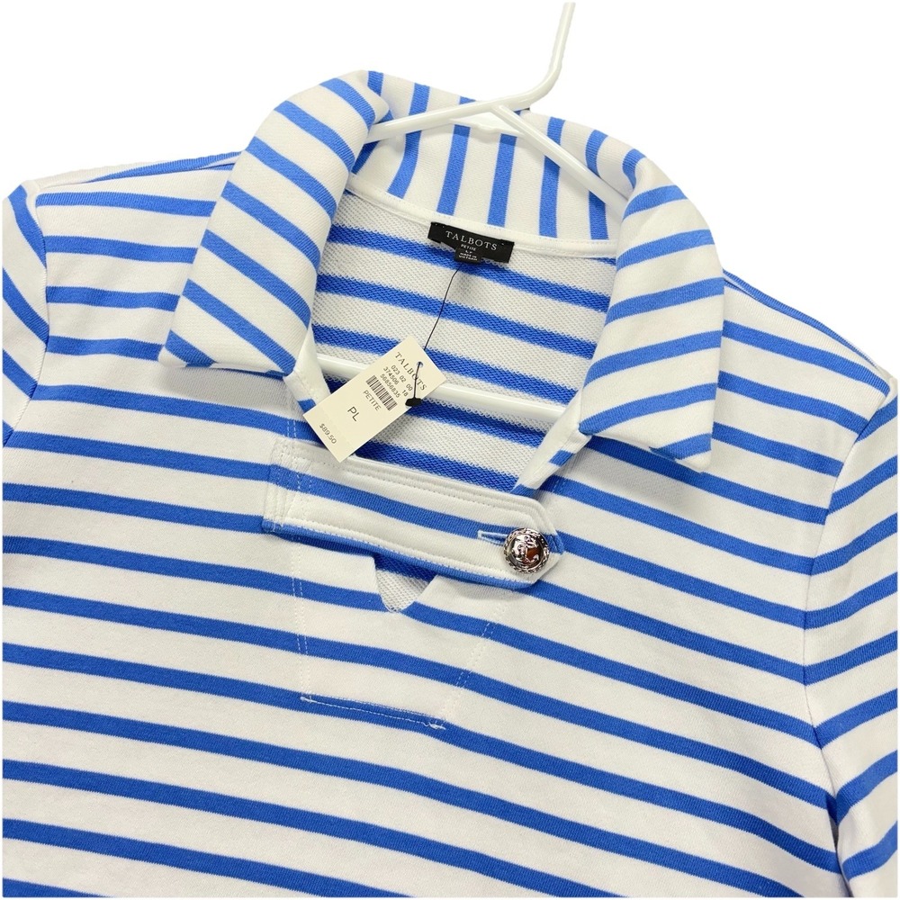Talbots Sweatshirt Shirt Top Womens Petite Large Blue White Striped Nautical NEW